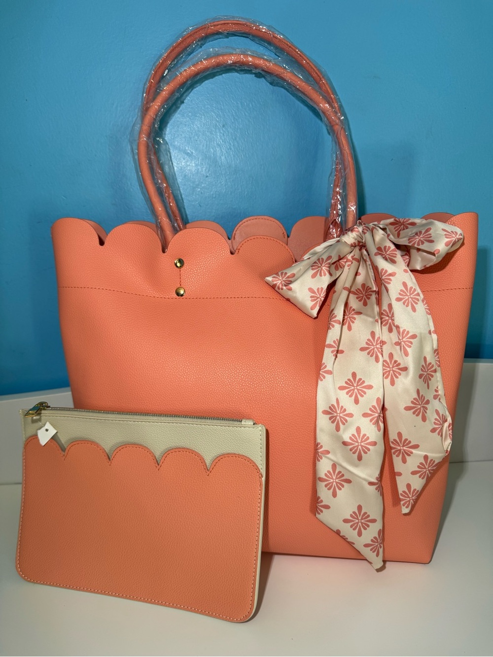 Scalloped Top Pink Faux Leather Tote with Matching Pouch and Scarf